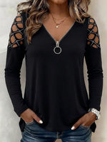 O-ring Zip V-neck Rhinestone Cutout Cold Shoulder Long Sleeve Top