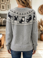 Women's Cute Tuxedo Cat Print Crew Neck Sweater, Vintage Fair Isle Pattern Knit Pullover