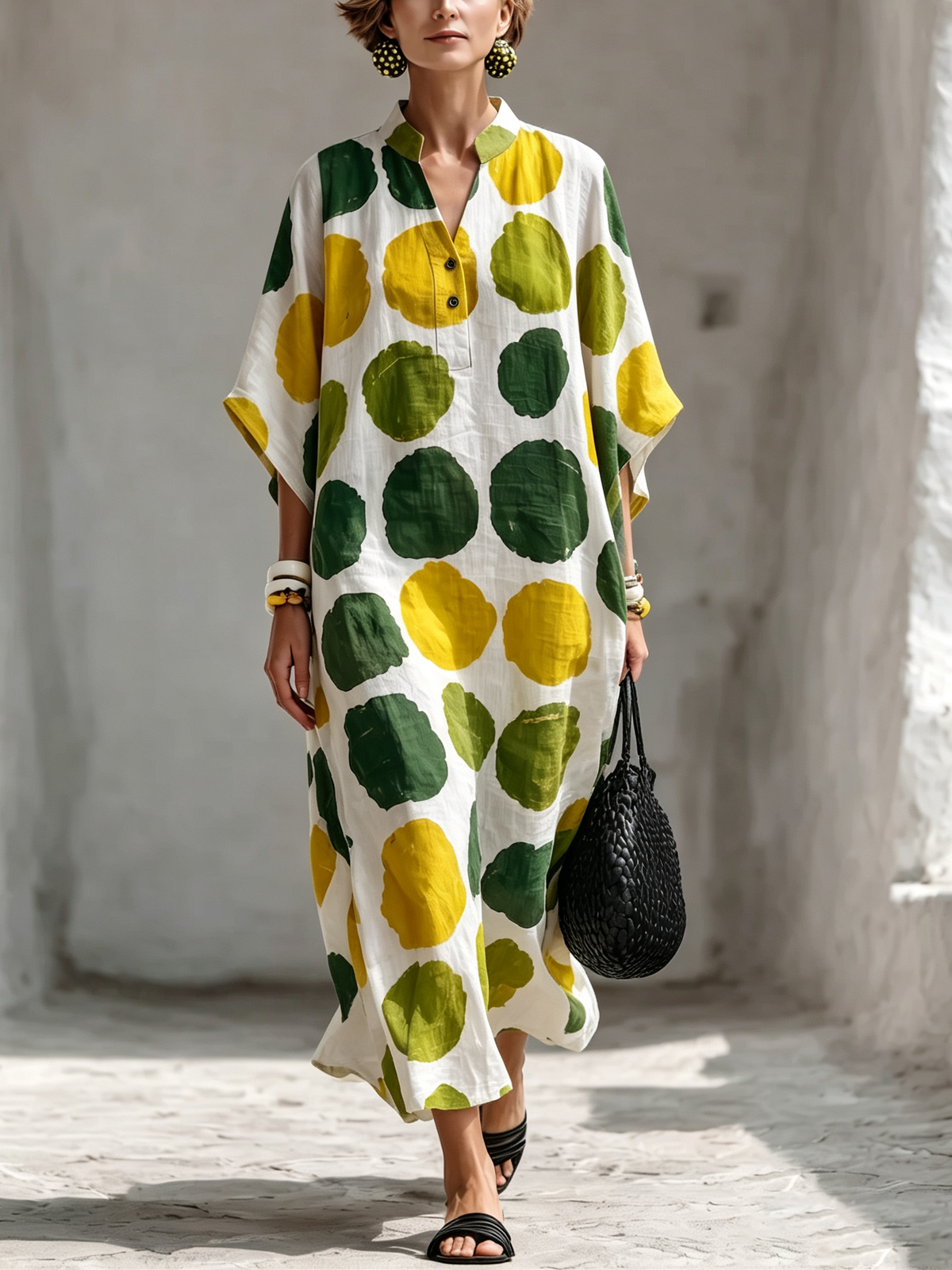 Artistic Polka-dot Cotton-linen Casual Vacation Maxi Dress