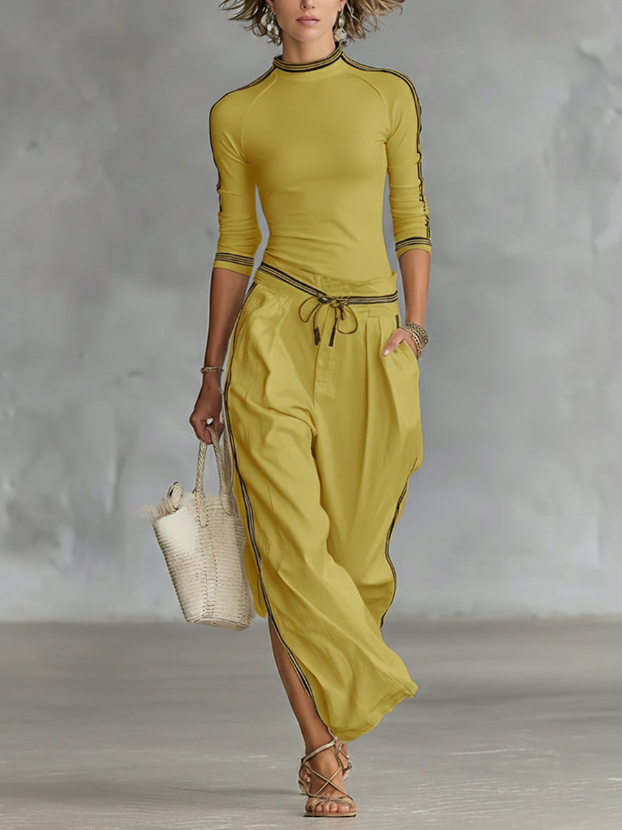 Cozy Stretch Knit Top And Cotton Trousers Two-piece Set