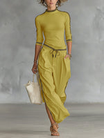 Cozy Stretch Knit Top And Cotton Trousers Two-piece Set