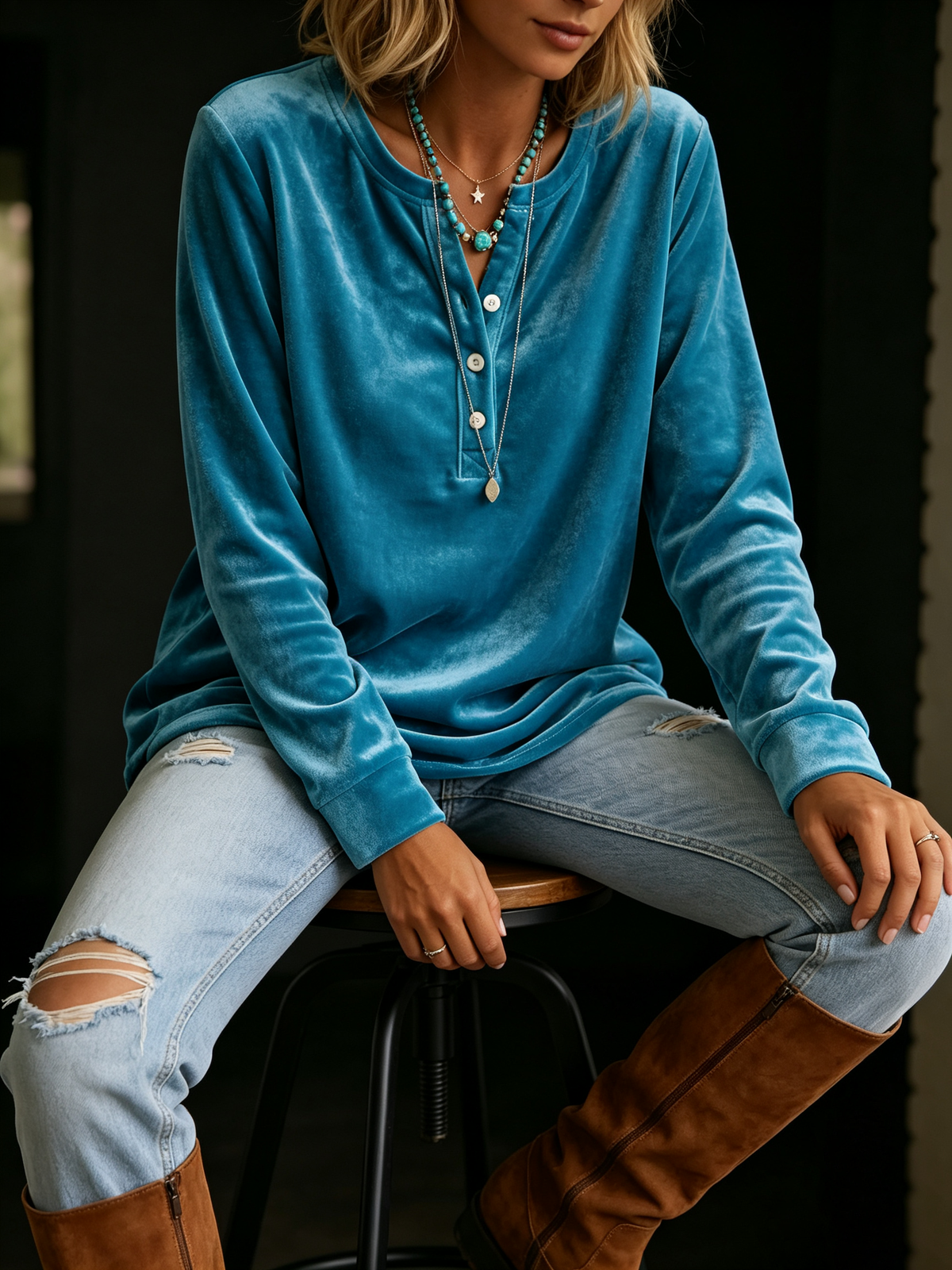 Elegant Cozy Henley Collar Velvet Shirt Top