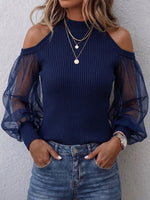 Women's Solid Color Stand Collar Off-shoulder Long Sleeve Casual Loose Knitted Chiffon Top