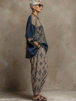 Bohemian Paisley Print Linen And Cotton Two-piece Top And Pants Set