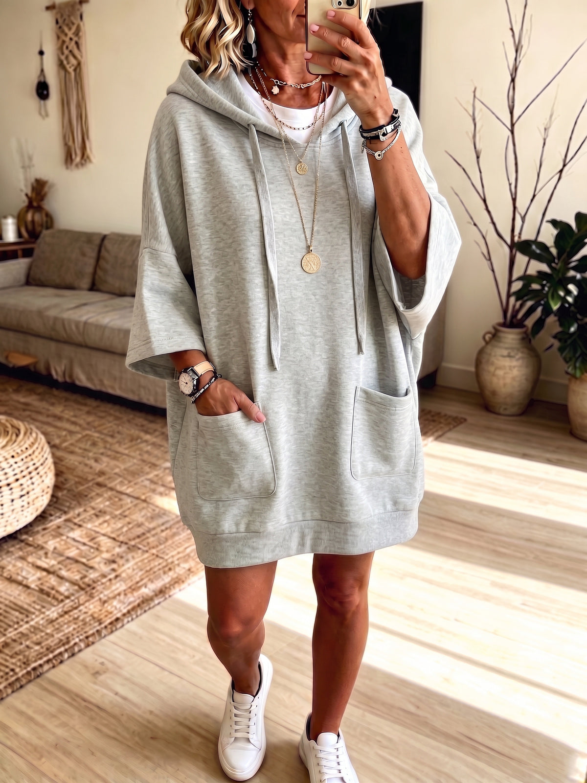 Cozy Oversized Front Pockets Hooded Sweatshirt Dress