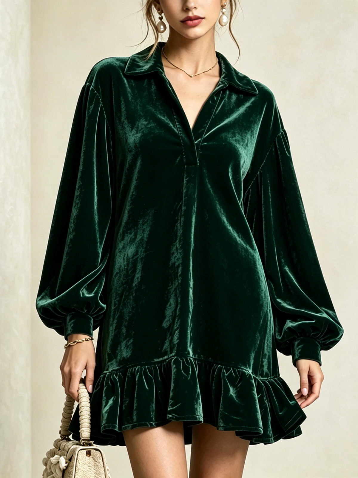 Velvet Loose-fit Mini Dress Featuring A Lapel Collar, Partial Button Placket, Lantern Sleeves, And A Ruffled Hem