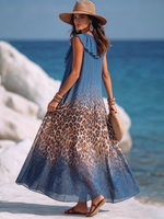 Vacation Party Sexy Leopard Print V-Neck Ruffled Blue Dress