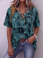 Women's Abstract Print V-neck Tie-waist Short-sleeve Cotton Top