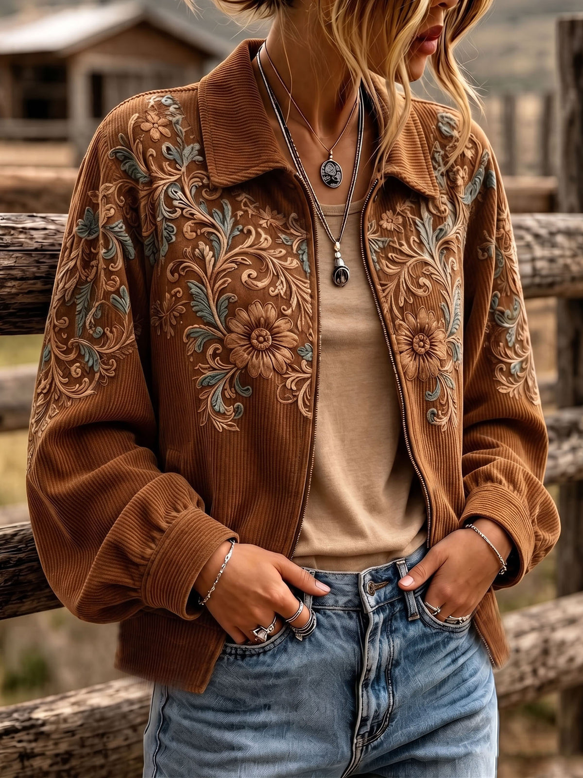 Boho Western Floral Print Corduroy Zip-up Jacket