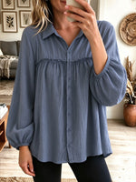 Women's Collared Button Down Ruffle Yoke Bubble Long Sleeve Blouse