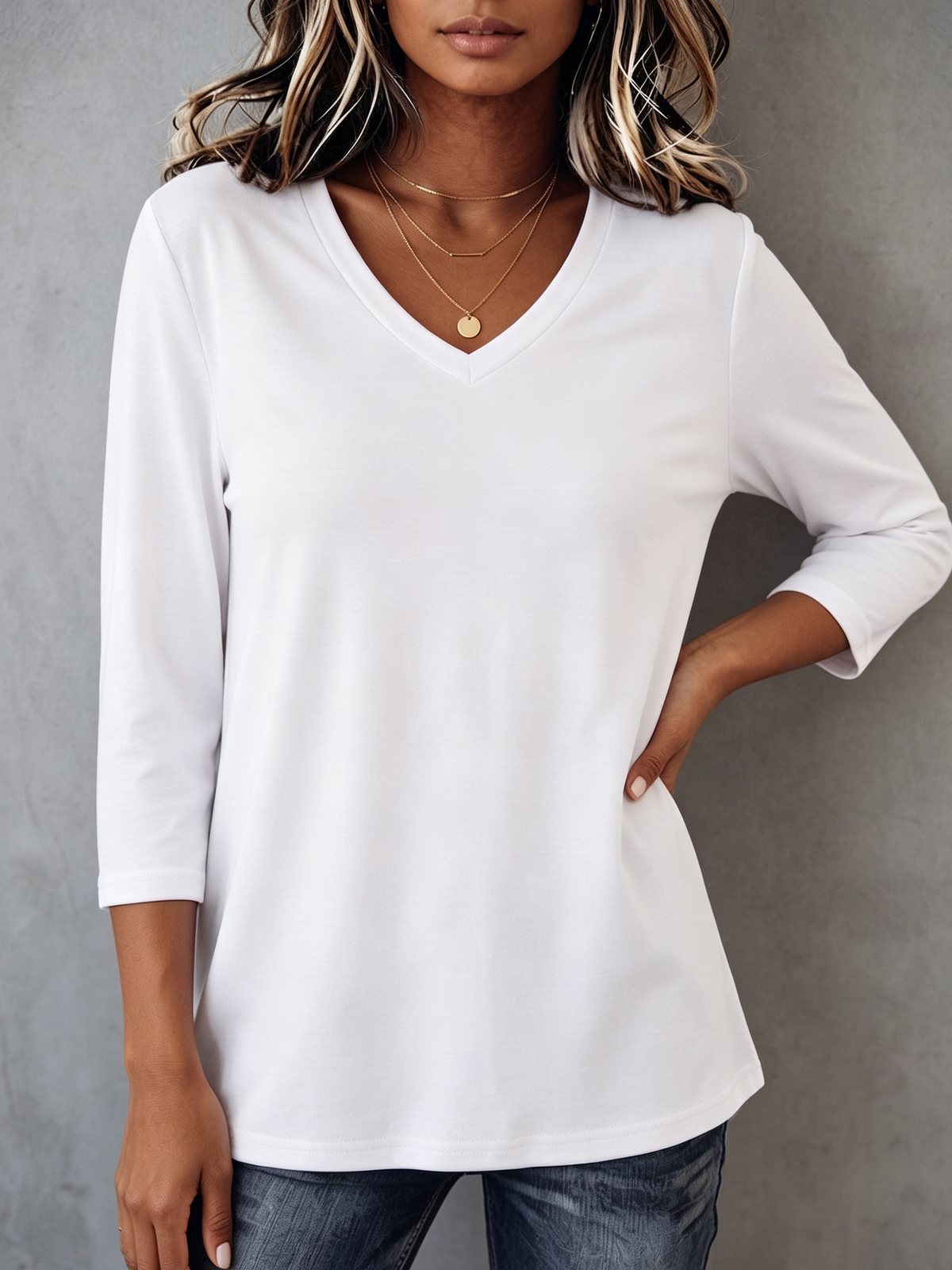 Minimalist Cozy V-neck Three-quarter Sleeve Cotton T-shirt
