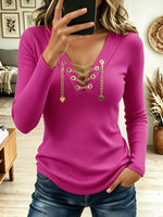 Women's V Neck Gold Chain Lace Up Ribbed Knit Top, Heart Charm Slim Fit Blouse