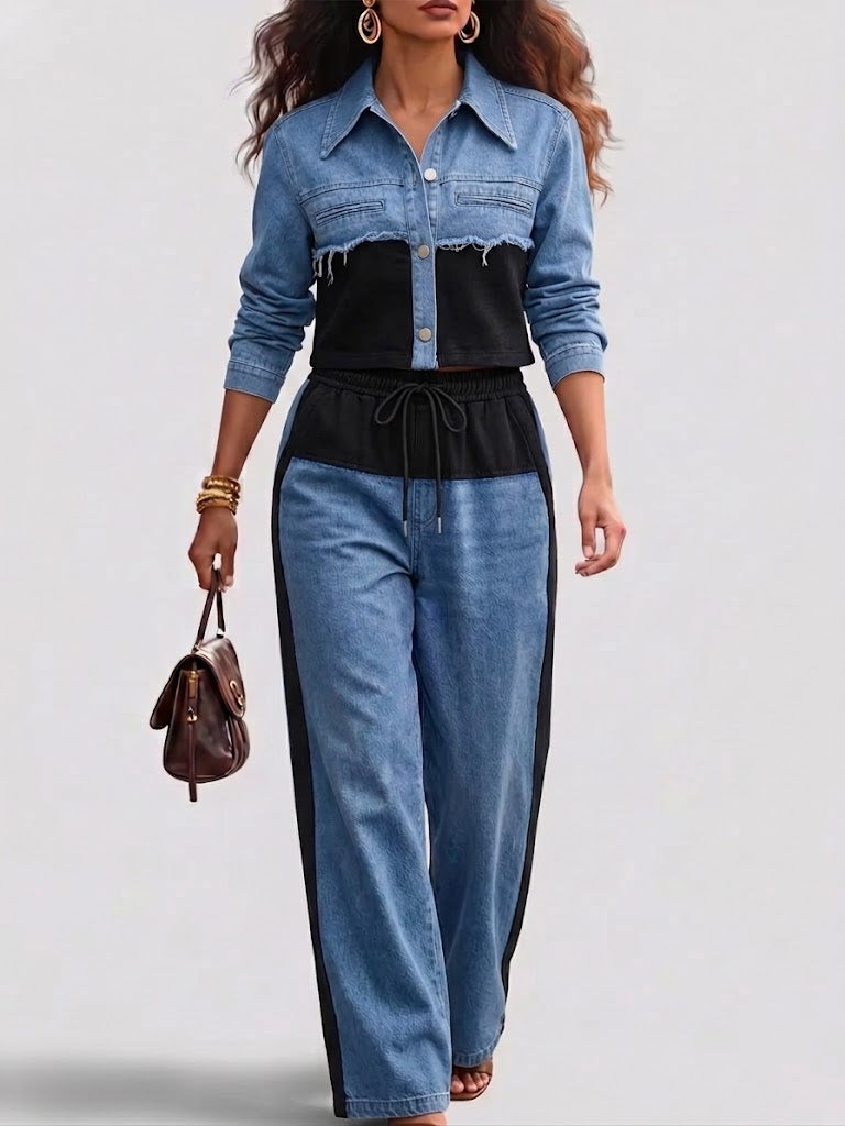 Casual Black Patchwork Cotton Denim Jacket And Jeans Set