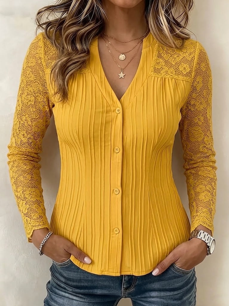 V-neck Vertical Texture Fitted Lace Spliced Long Sleeve Button Blouse