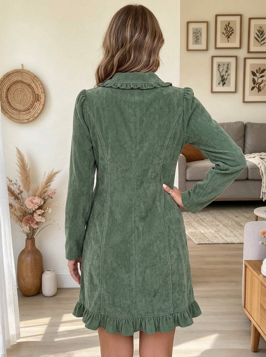 Women's Half-Zip Ruffled Hem Corduroy Shift Dress