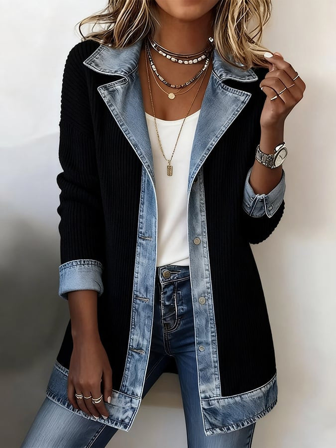 Casual Paneled Ribbed Cotton-blend Denim Jacket