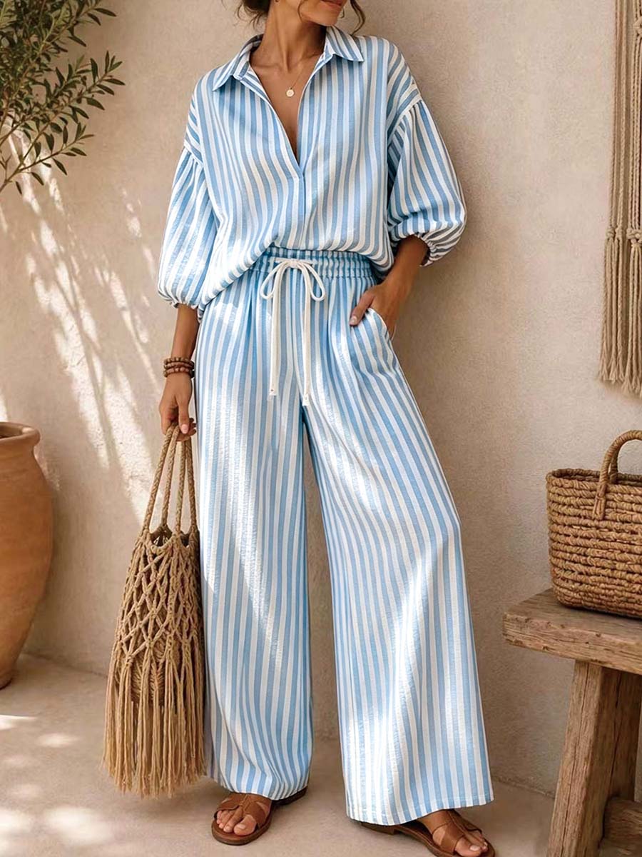 Women's Striped Print Casual Loose Top And High-waisted Wide-leg Pants Cotton Linen Set