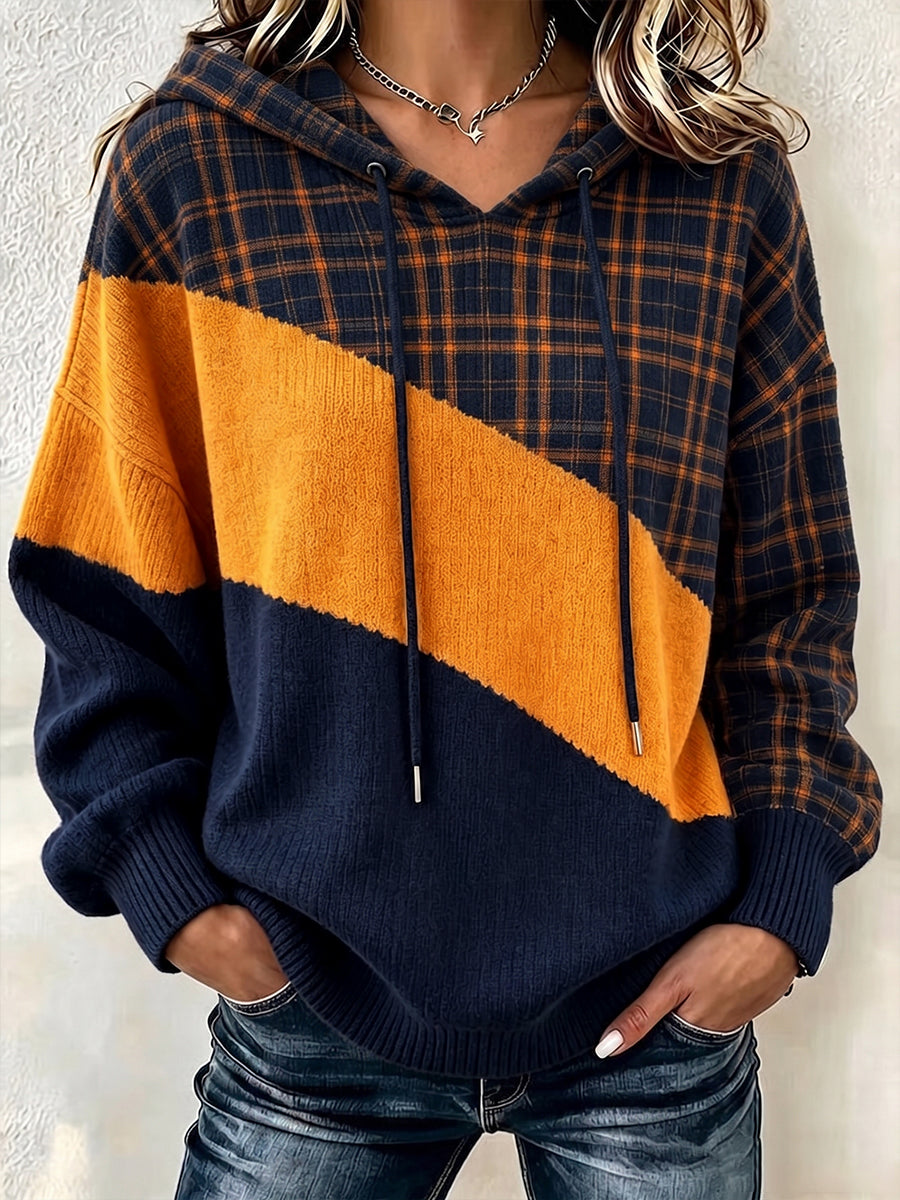 Cozy Color-Block Plaid Knit Hoodie