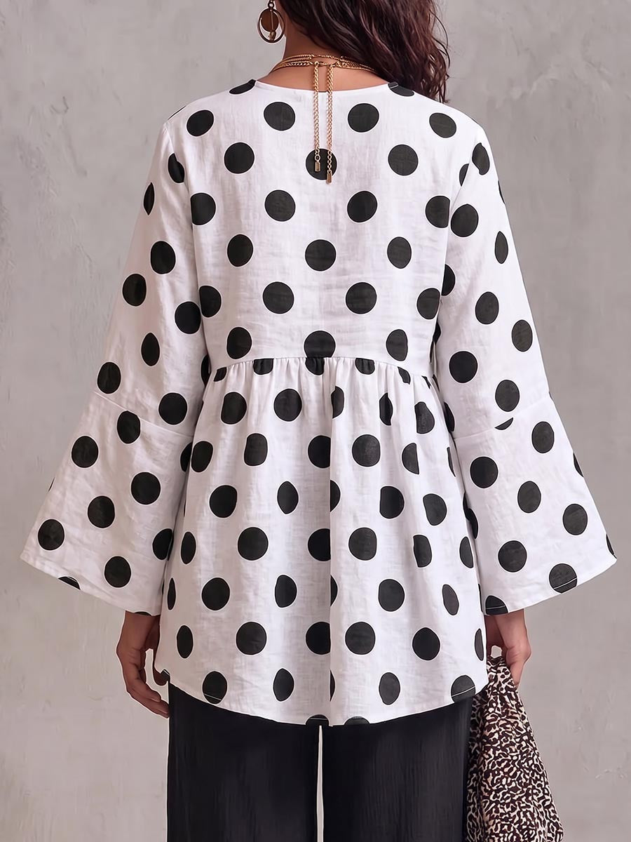 Women's Polka Dot Print V-neck Long-sleeved Casual Loose Cotton Linen Top