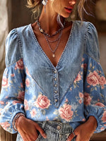 Boho V-neck Floral Print Denim Patchwork Casual Blouse