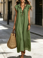 Women's Solid Color Ruffled Art Casual Fashion Cozy Cotton Linen Dress