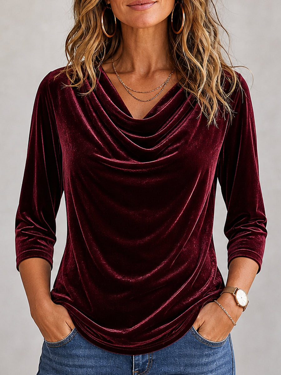 Wine Red Luxe Velvet Cowl Neck Top