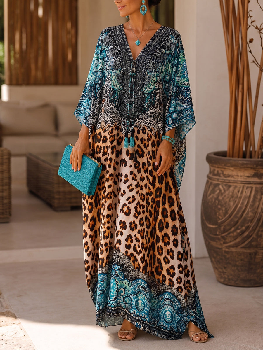 Loose-fitting, Cozy Cotton-blend Long Kaftan Dress Featuring A Leopard And Paisley Print.
