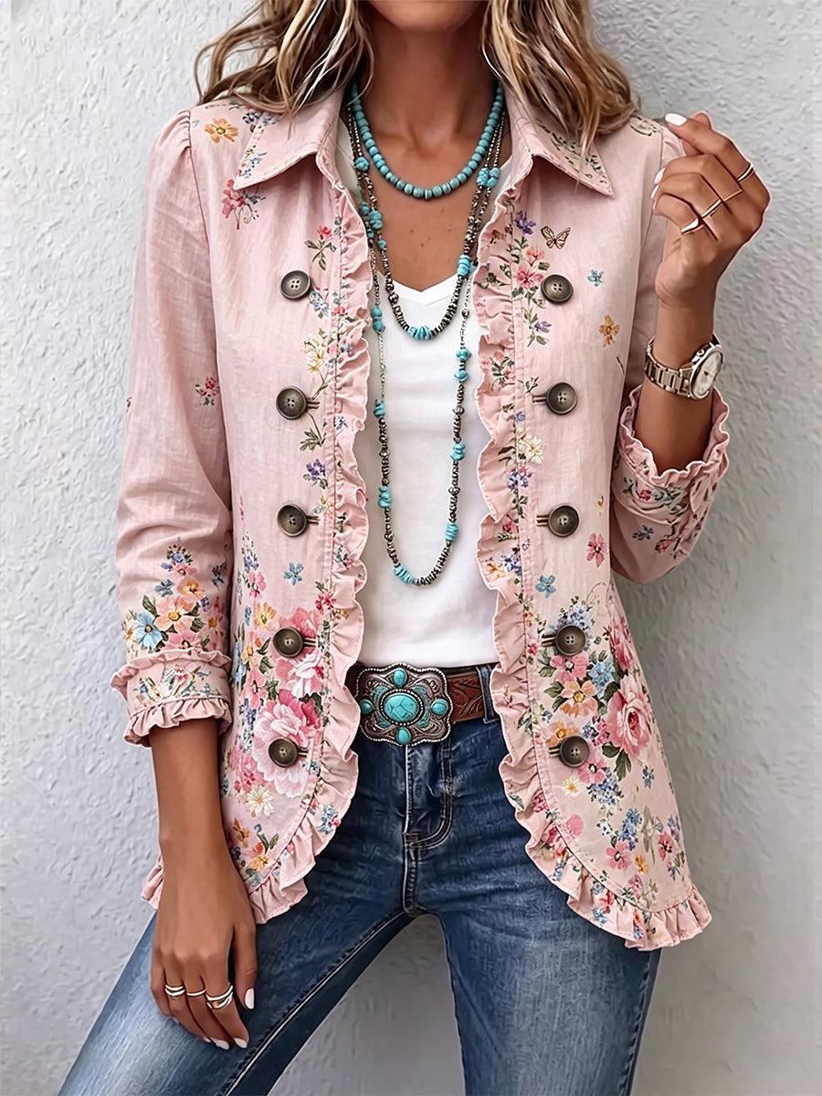 Rancher's Chic Cow-Print Ruffle Cotton Linen Jacket