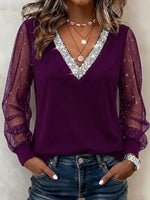 Sequin V-neck Mesh Long-sleeve Casual Top