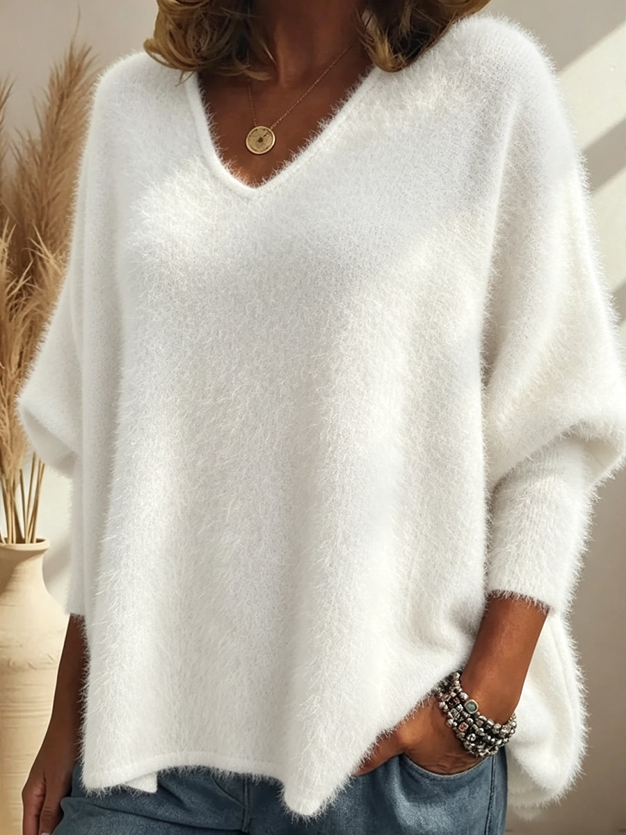Soft Fuzzy Mohair V-neck Batwing Sweater