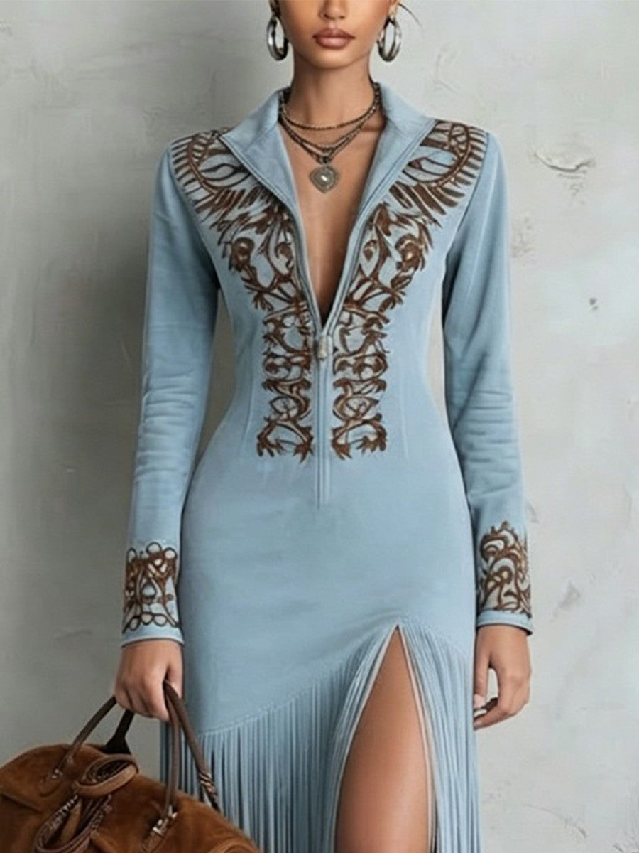 Vintage-style Floral Zip-front Dress With Tassels And Ethnic-inspired Details