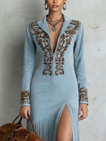 Vintage-style Floral Zip-front Dress With Tassels And Ethnic-inspired Details