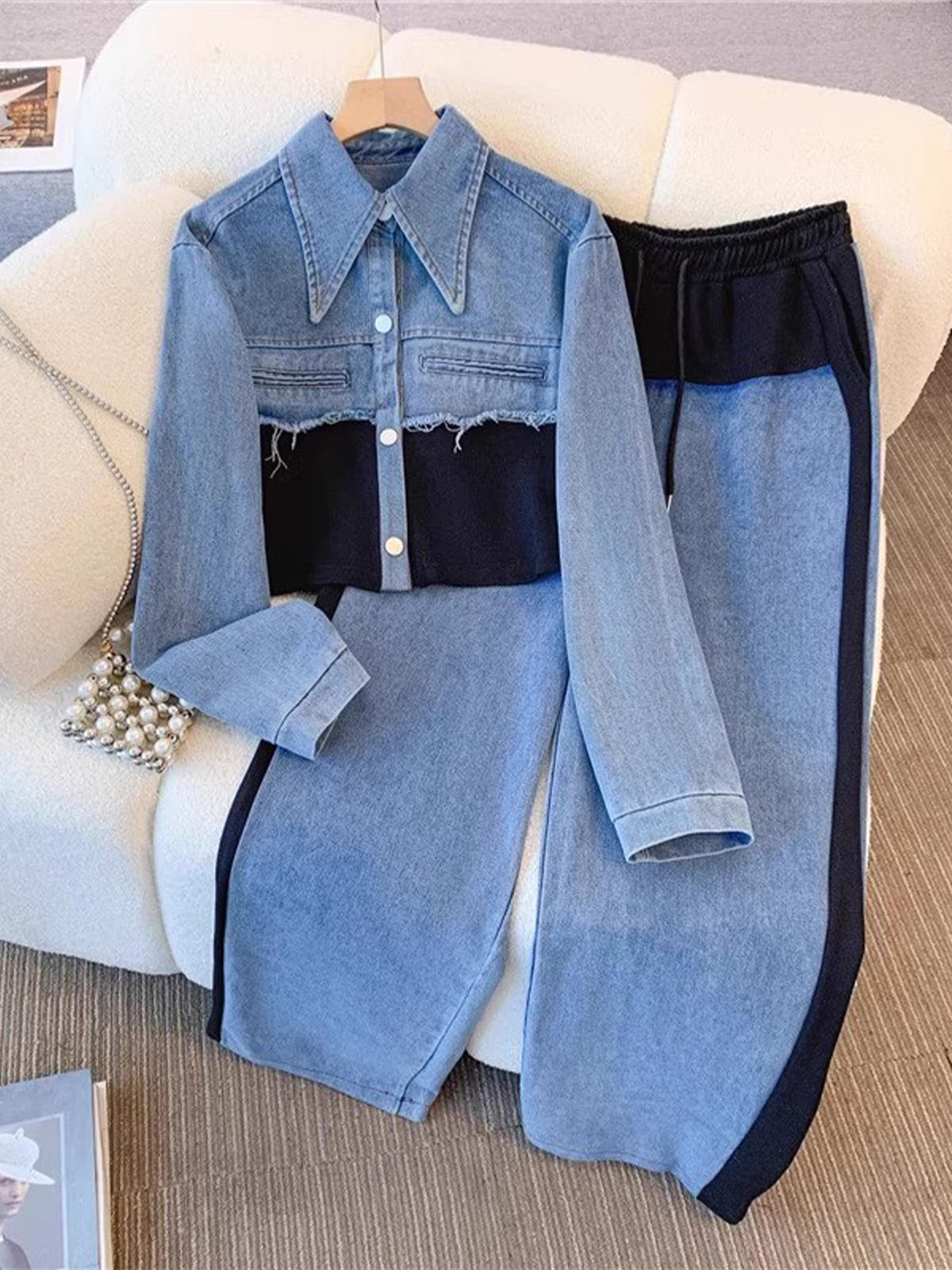 Casual Black Patchwork Cotton Denim Jacket And Jeans Set