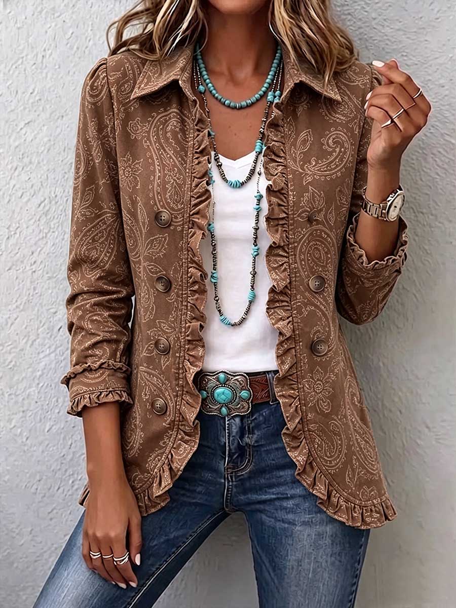 Women's Retro Paisley Print Shirt Collar Long Sleeve Casual Loose Cotton Cardigan