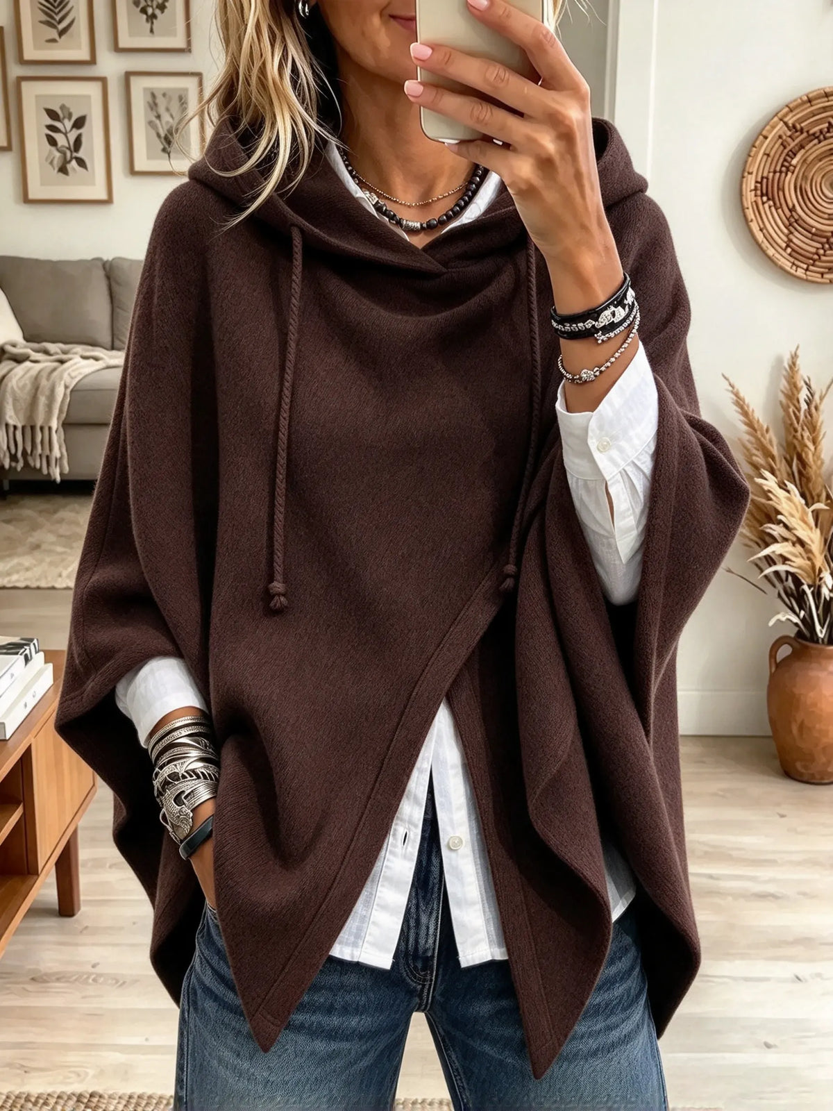 Women's Crossover Drawstring Hooded Corduroy Poncho