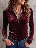 Women's Solid Color Stand Collar Long-sleeved Casual Loose Velvet Top