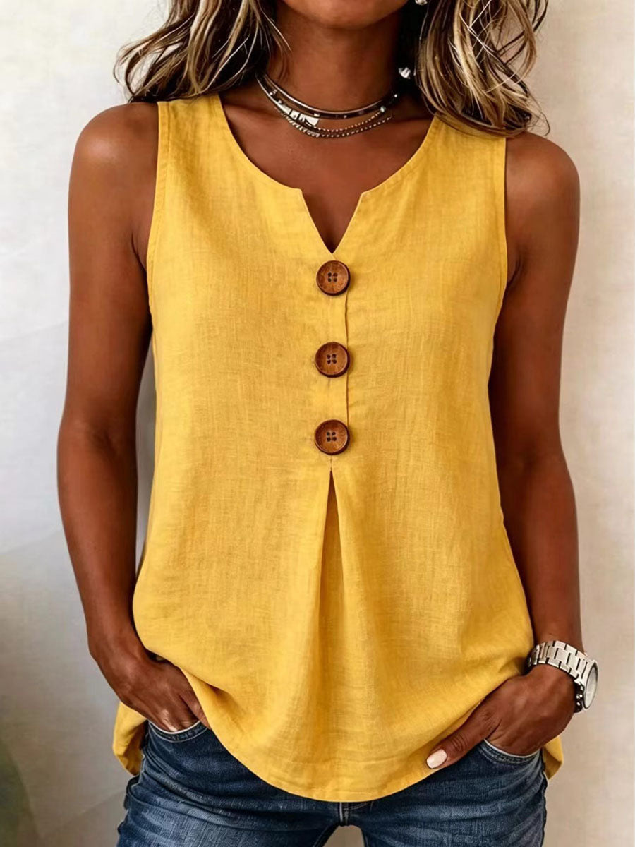Women's Solid-color V-neck Sleeveless Casual Loose Cotton-linen Top
