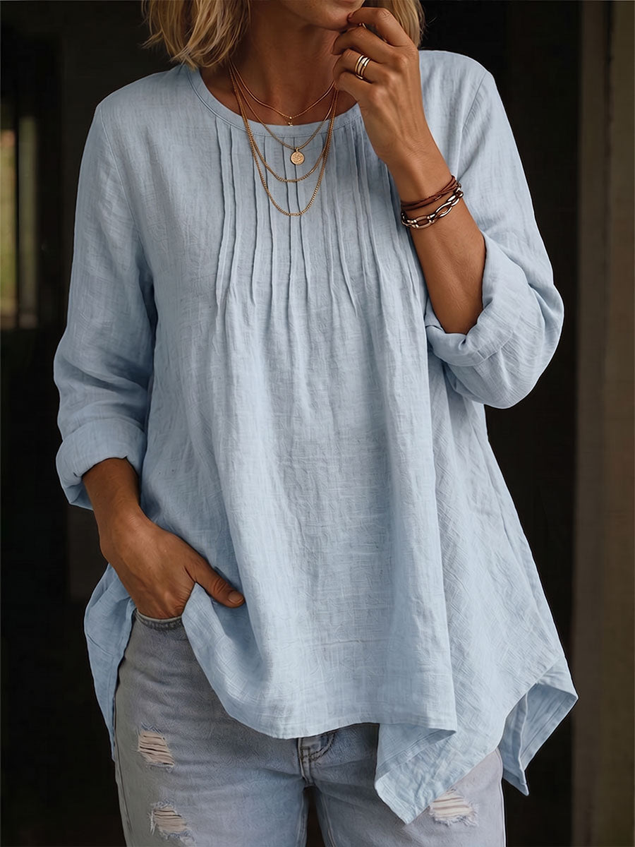 Women's solid color round neck long-sleeved casual loose pleated cotton and linen top
