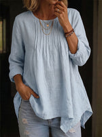Women's solid color round neck long-sleeved casual loose pleated cotton and linen top