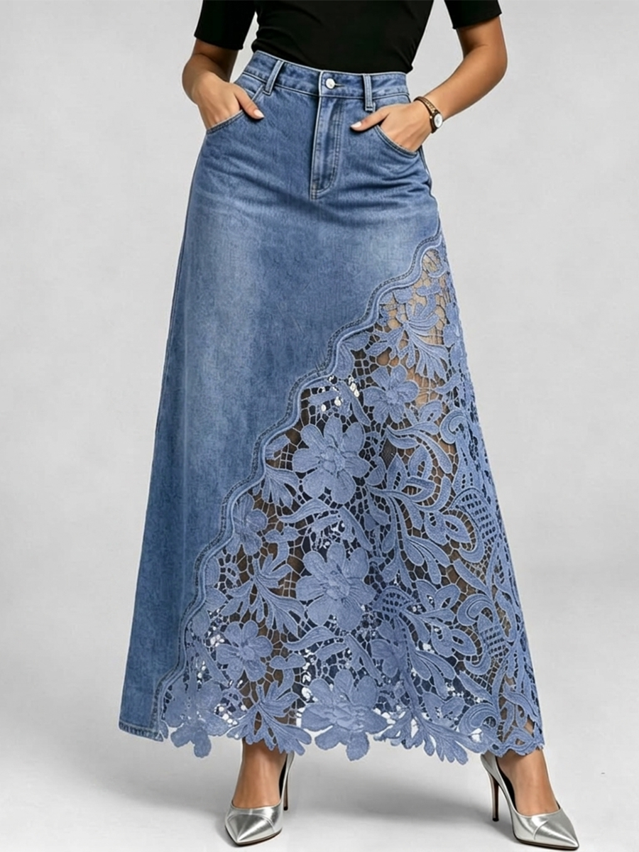Stylish & Sexy Lace-paneled Cutout Denim Skirtv