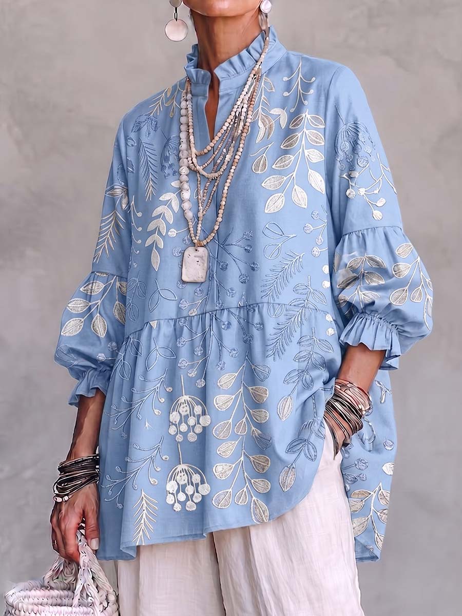 Women's Abstract Leaf Print Casual Loose Cotton Linen Top