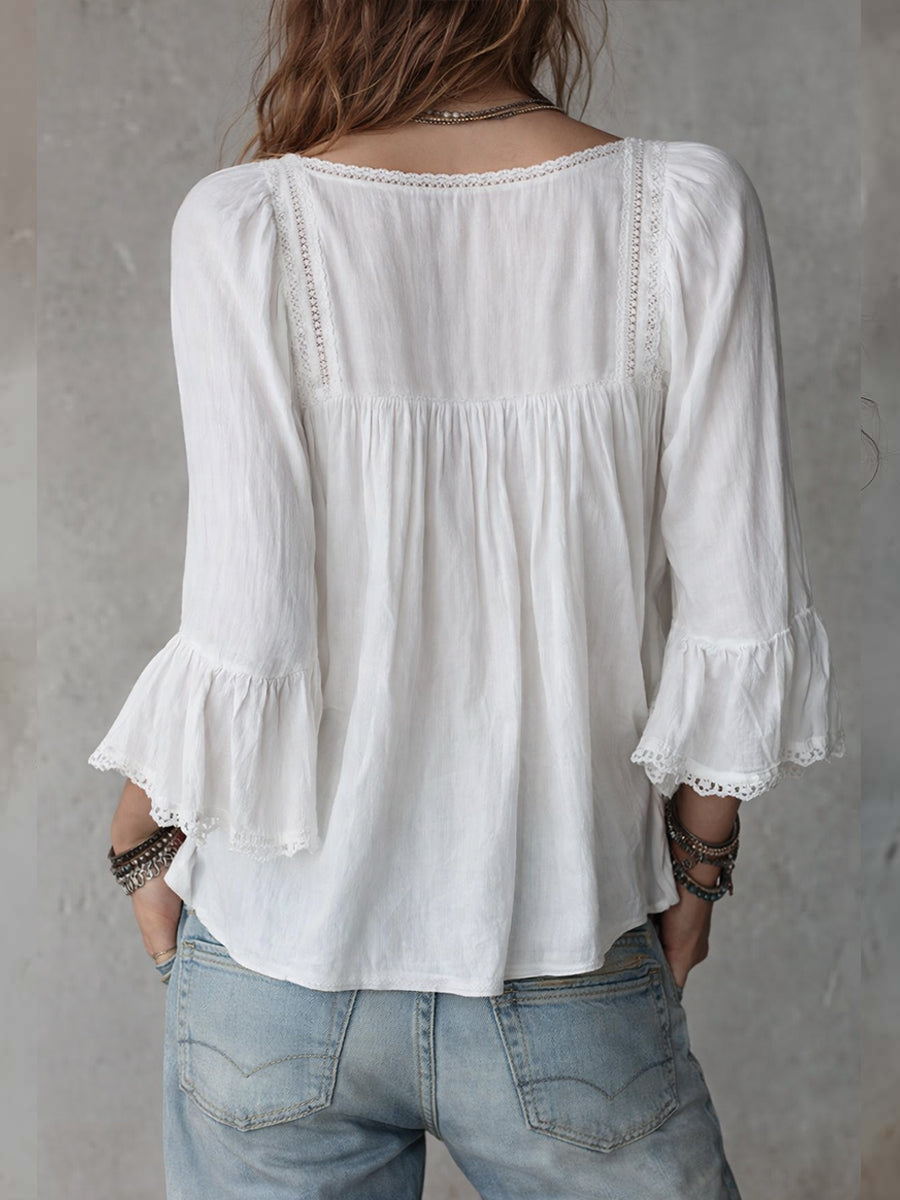 Casual Linen And Cotton Top With Lace Paneling