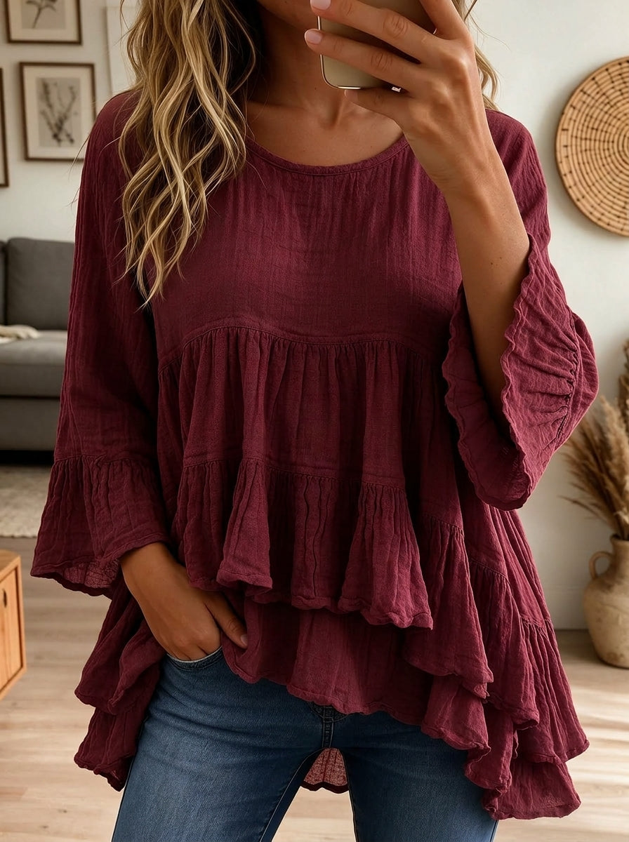 Women Blue Cotton Linen Tiered Ruffle Bell Sleeve Loose Babydoll Blouse