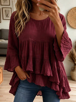 Women Blue Cotton Linen Tiered Ruffle Bell Sleeve Loose Babydoll Blouse