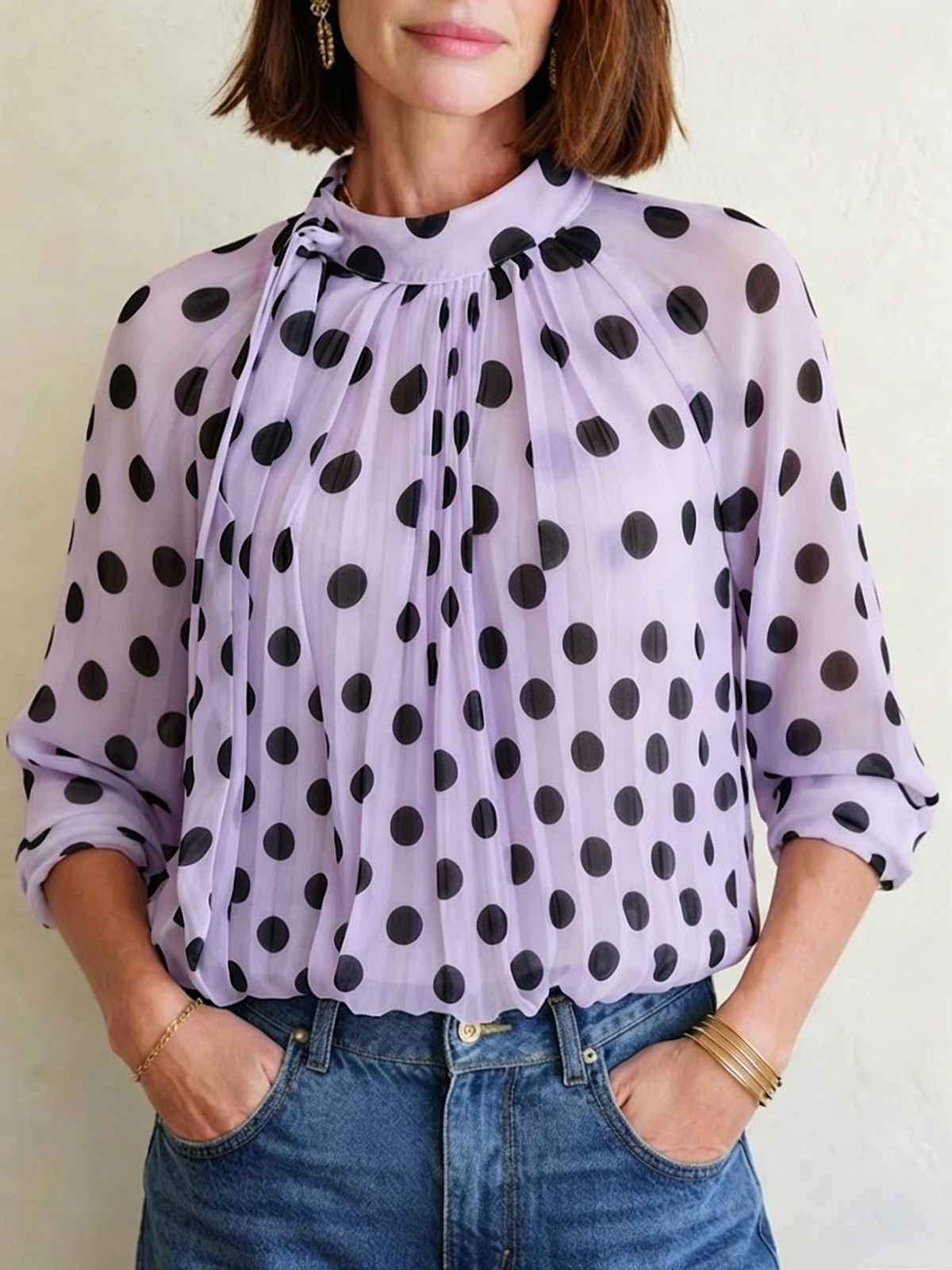 Elegant, Loose-fitting Women's Blouse Featuring Polka Dots, A Tie-neck, And Sheer Lantern Sleeves