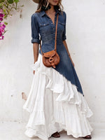 Asymmetrical Denim Patchwork Chiffon Maxi Dress