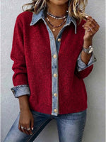 Casual Color-block Denim And Knit Cardigan