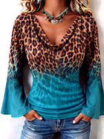 Chic Leopard & Teal Cowl Neck Top