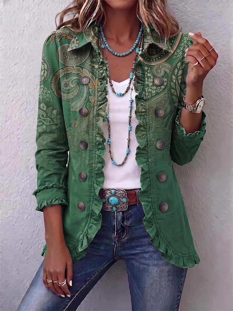 Bohemian-style Linen-cotton Blend Jacket Featuring A Gradient Paisley Print And Ruffle Details.