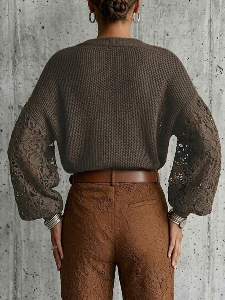 Lace Cut-out Lantern Sleeve V-neck Knit Pullover